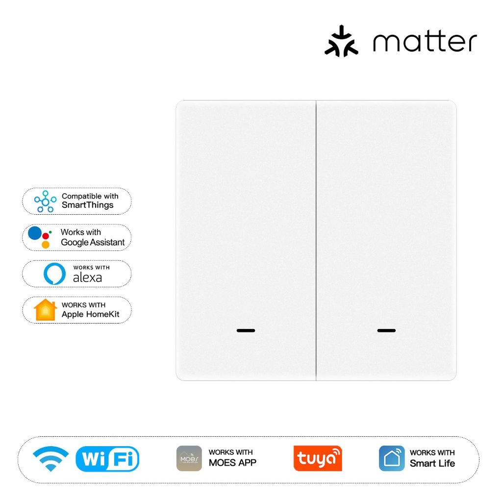 [MWS-B-EU2] Moes Matter WiFi Smart Push Button Light Switch App Control Neutral Wire Required EU Verison 2 Gang