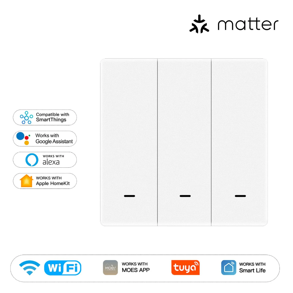 [MWS-B-EU3] Moes Matter WiFi Smart Push Button Light Switch App Control Neutral Wire Required EU Verison 3 Gang