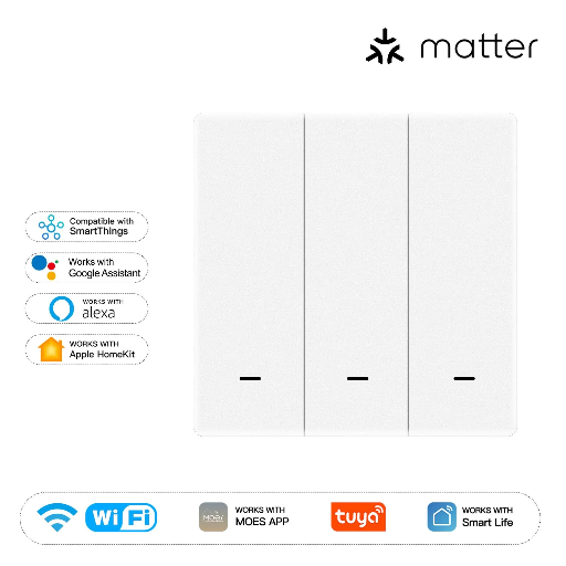 [MWS-B-EU3] Moes Matter WiFi Smart Push Button Light Switch App Control Neutral Wire Required EU Verison 3 Gang